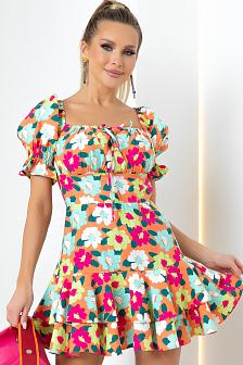 Платье с воланами изо льна в разноцветные цветы