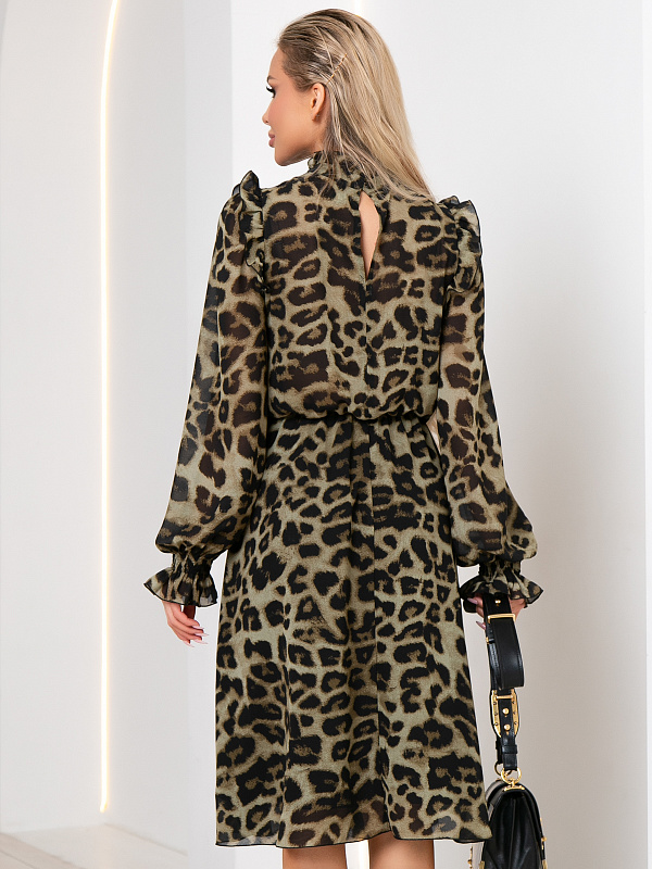 Платье из шифона на резинке принт леопард цвет хаки