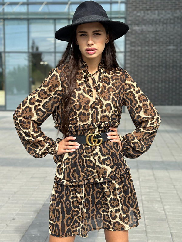 Платье А-силуэт принт темно-коричневый леопард