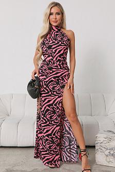 Платье миди со стойкой черное принт розовая зебра
