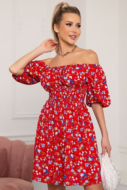 Платье с резинкой под грудью цвет красный в цветочек