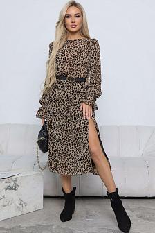 Платье на резинке с разрезом шифон оливковый леопард