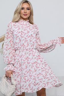 Платье со стойкой на резинке белое в розовый цветочек