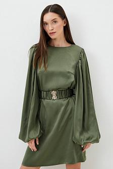 Праздничное платье из шелка с поясом цвет оливковый