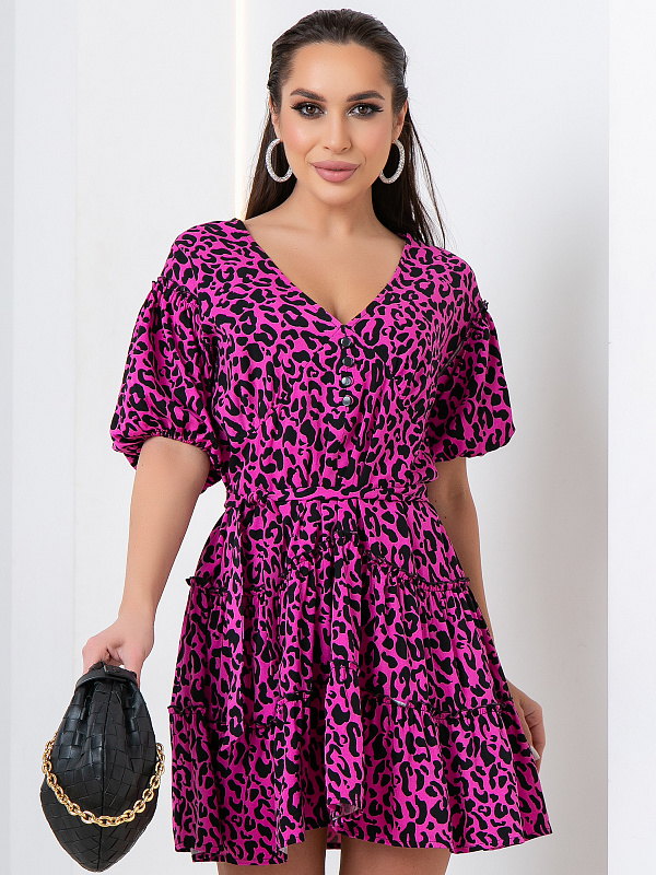 Платье One Size цвет фуксия принт леопард (+пояс)