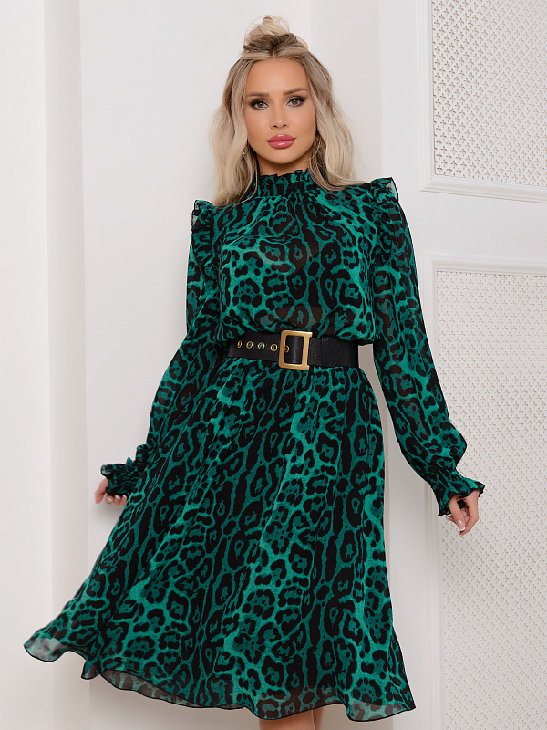 Платье из шифона цвет изумрудный принт леопард 
