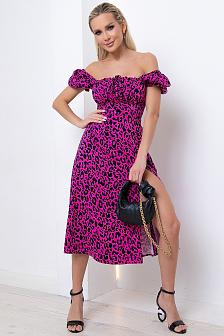 Платье длинное с разрезом цвет фуксия принт леопард