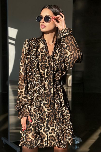 Платье (2в1) с рюшами шифон принт коричневый леопард