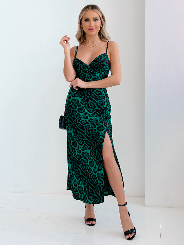 Платье комбинация цвет изумрудный принт леопард