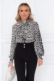 Блуза с бантом цвет серый принт леопард