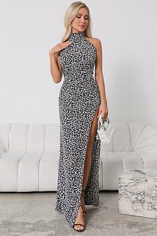 Платье миди со стойкой черное принт белый леопард