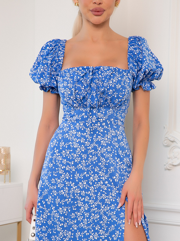 Платье длинное с разрезом синее в цветочек