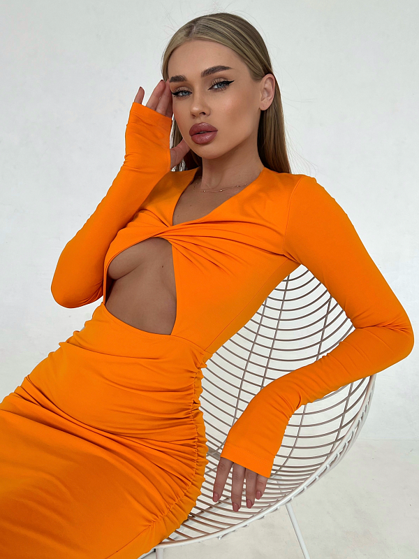 Платье облегающее с узлом на груди цвет оранжевый