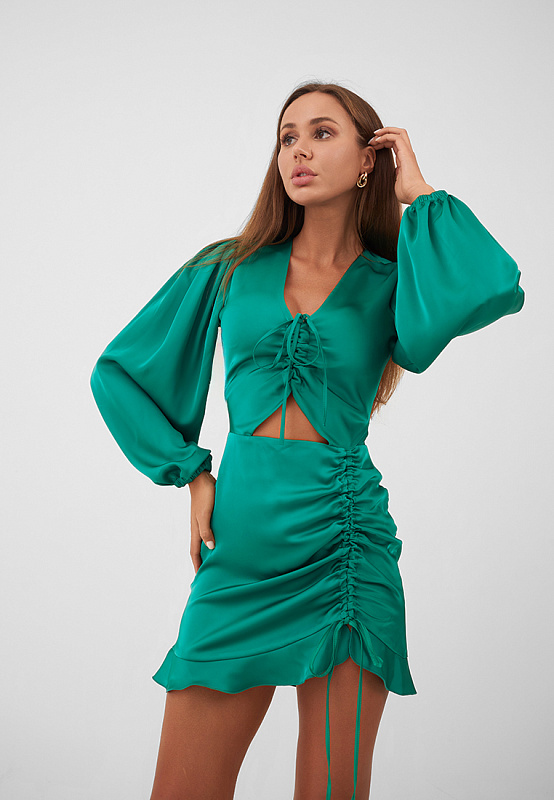 Платье из шелкового сатина со сборкой цвет зеленый