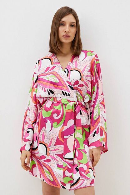 Платье-халат из шелка с разноцветным принтом