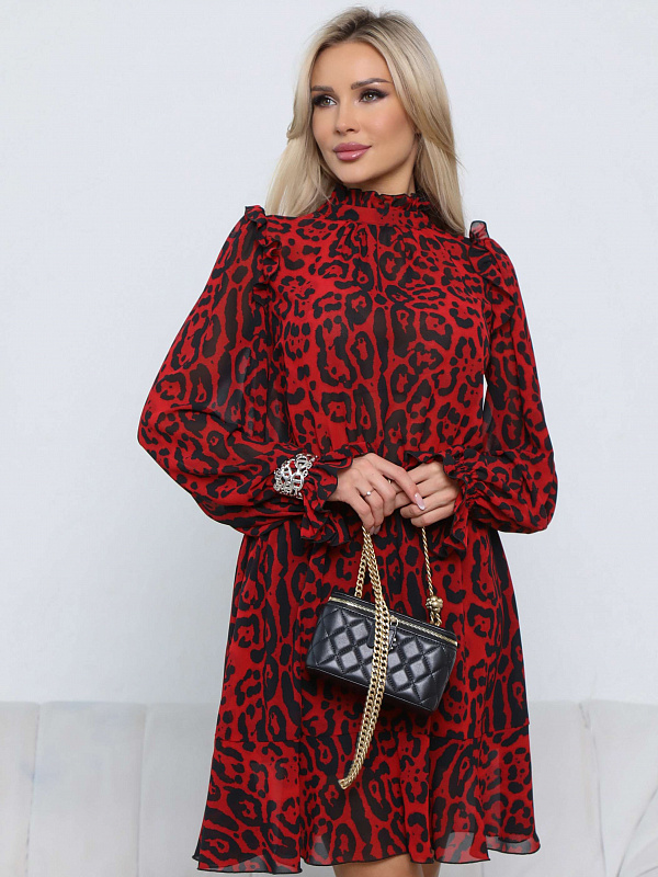Платье со стойкой на резинке из шифона красный леопард