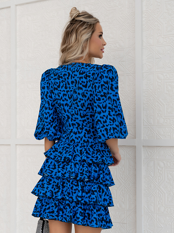 Платье с воланами цвет синий леопард