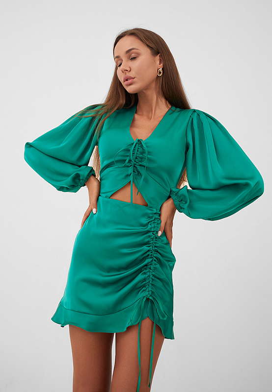 Платье из шелкового сатина со сборкой цвет зеленый